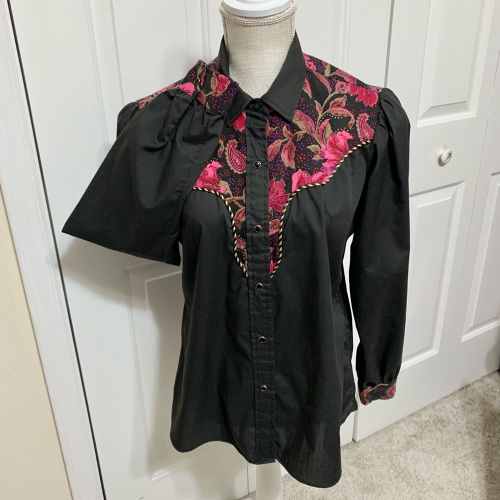 Karman Western Vintage Kenny Roger’s Shirt Black Floral - Womens 15/16 - L - Picture 2 of 10